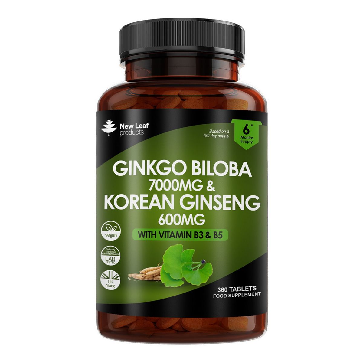 New Leaf Ginkgo Biloba 7000Mg & Korean (Panax) Ginseng 600Mg With Vitamin B3 B5 360 Tablets