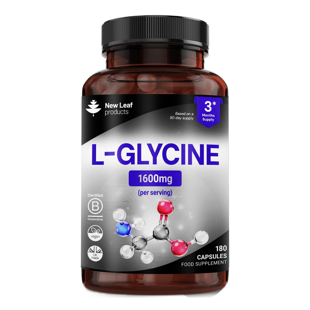 New Leaf L-Glycine Capsules - Vegan Amino Acid Supplements 1600Mg P/S 180