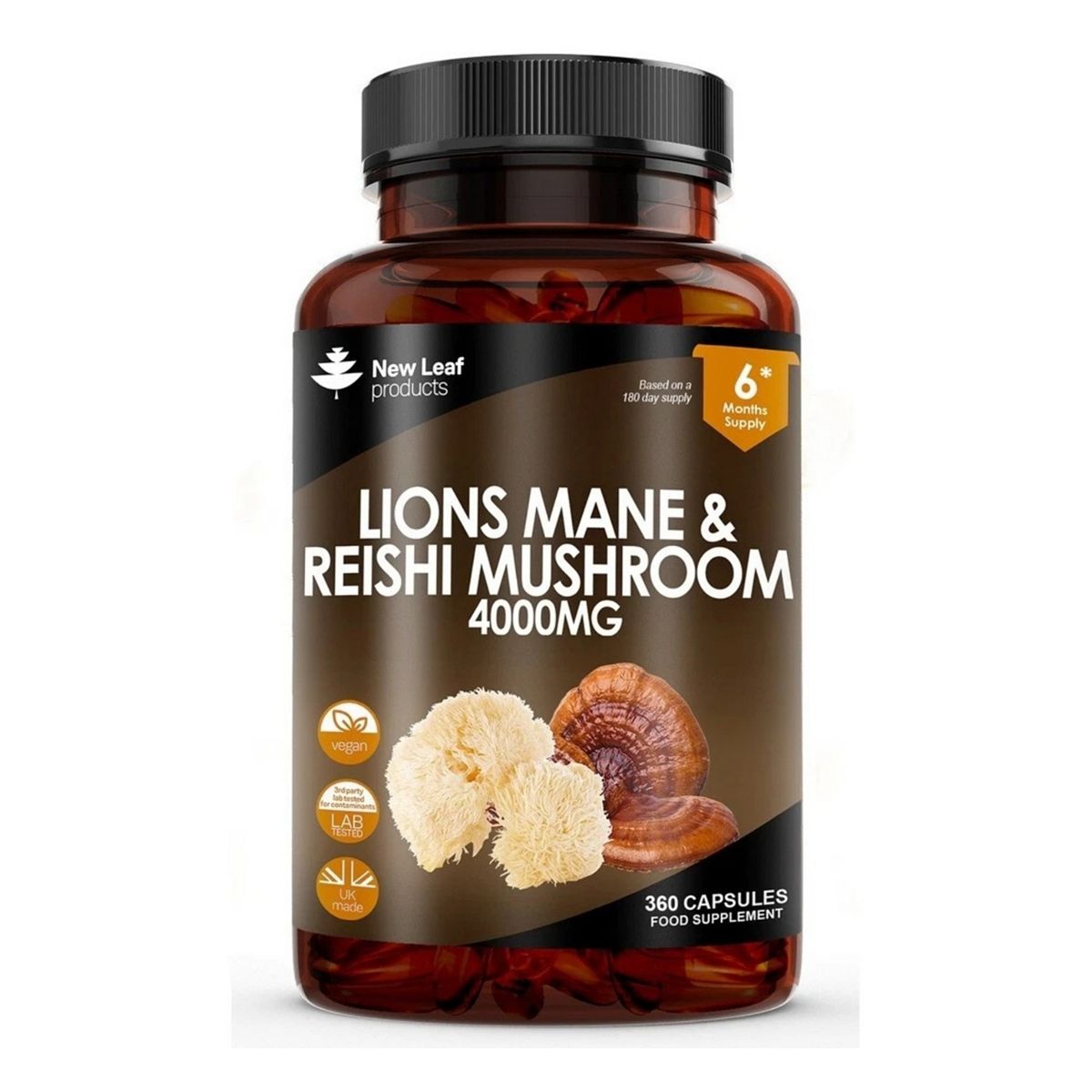 New Leaf Lions Mane & Reishi Mushroom Capsules - 360 High Strength 4000Mg Vegan
