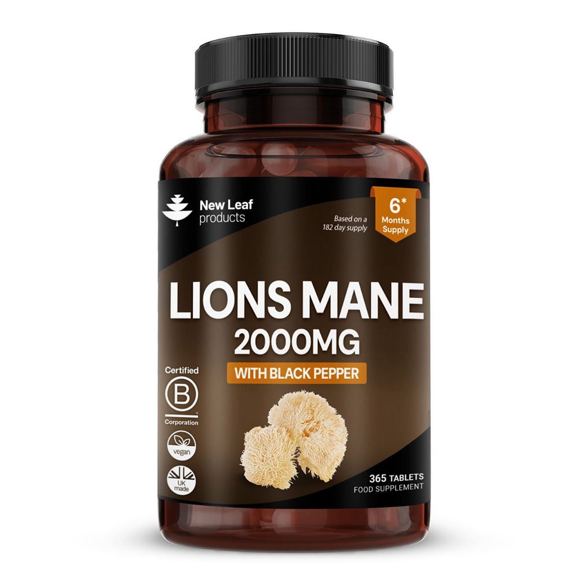 New Leaf Lions Mane Extract Mushroom 2000Mg High Strength Uk Made Vegan 365 Tablets