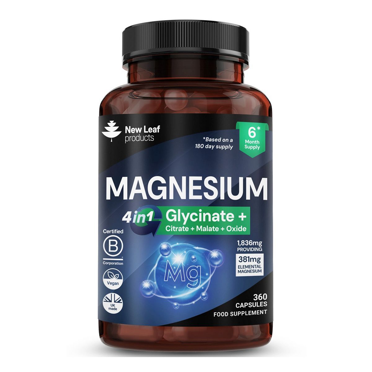 New Leaf Magnesium Glycinate 4-In-1 Complex 1836Mg - High Strength 360 Capsules