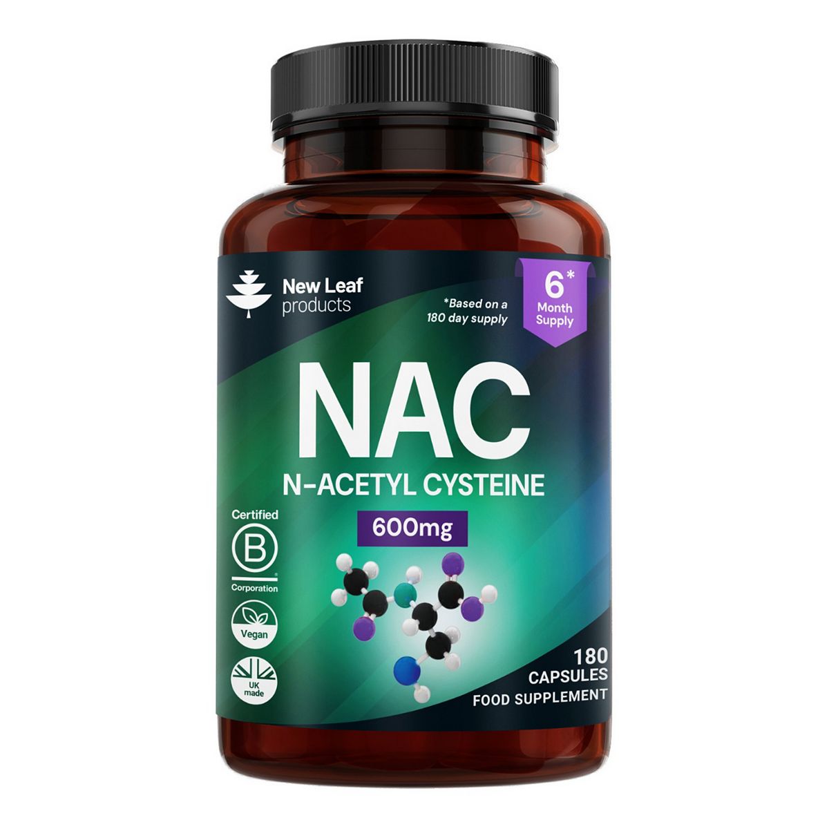 New Leaf Nac N-Acetyl-Cysteine 600Mg Supplements High Bioavailability Amino Acid 180 Capsules