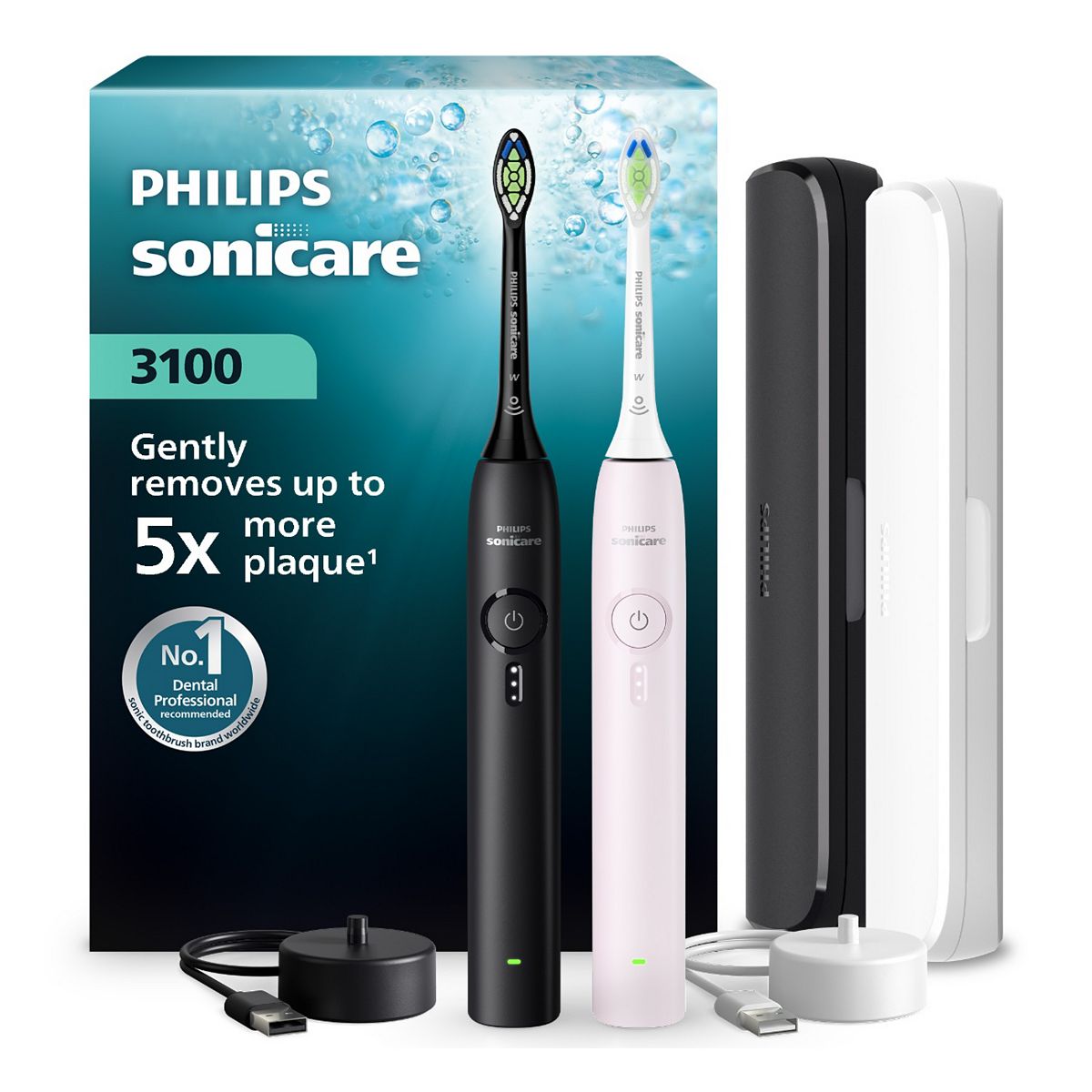 Philips Sonicare 3100 Electric Toothbrush 2 Pack Black & Pink Travel Case Hx4072/42