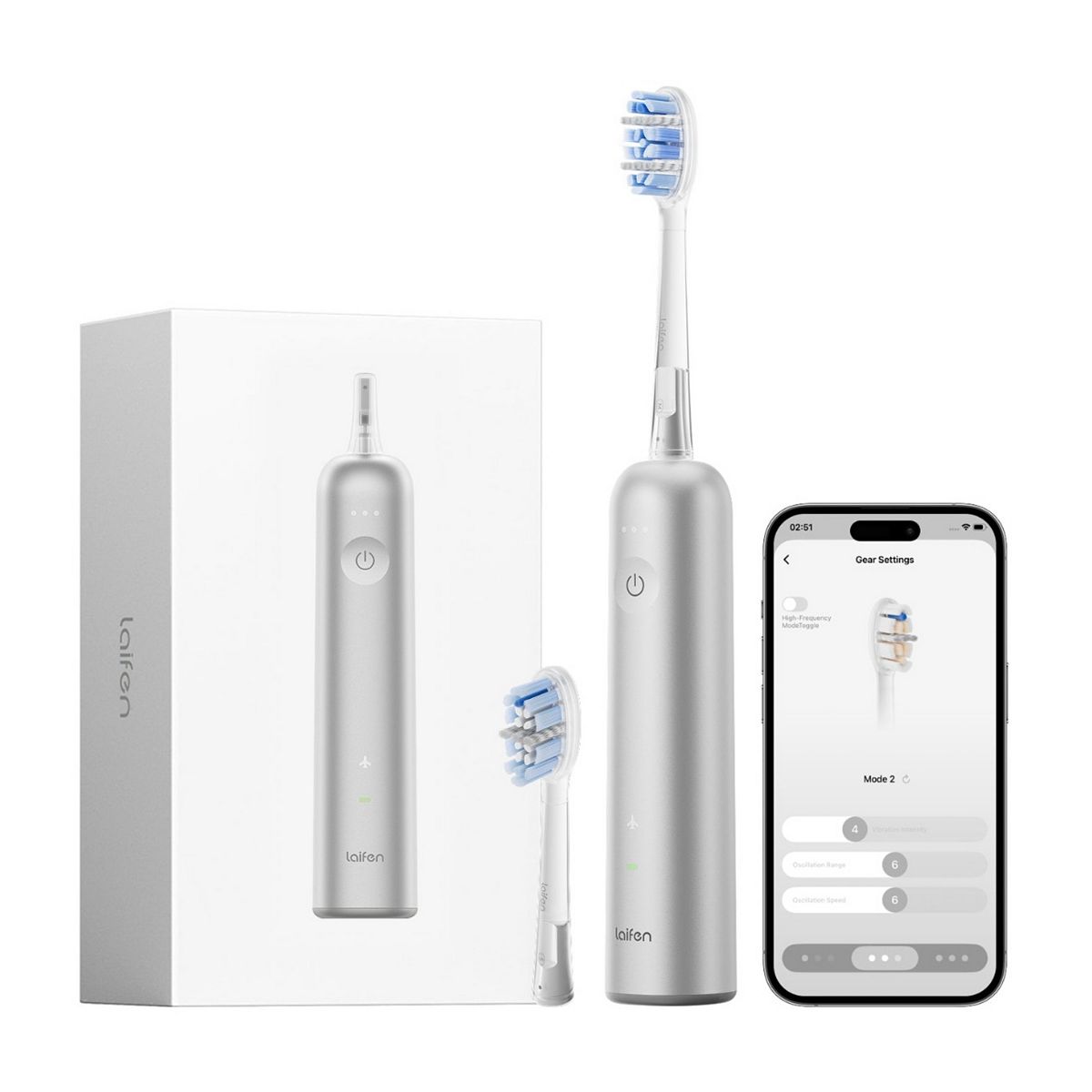 Laifen Wave Pro Smart Electric Toothbrush Aluminium Silver 1 Handle And 3 Brush Heads
