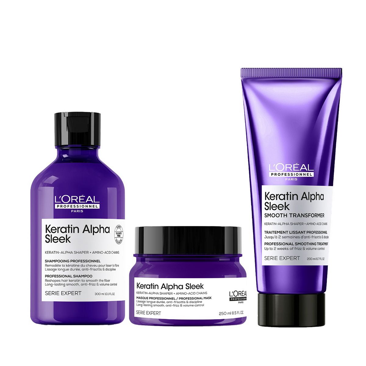 L'Oreal Professionnel Keratin Alpha Sleek Shampoo, Hair Mask & Smooth Transformer Bundle - Antifrizz