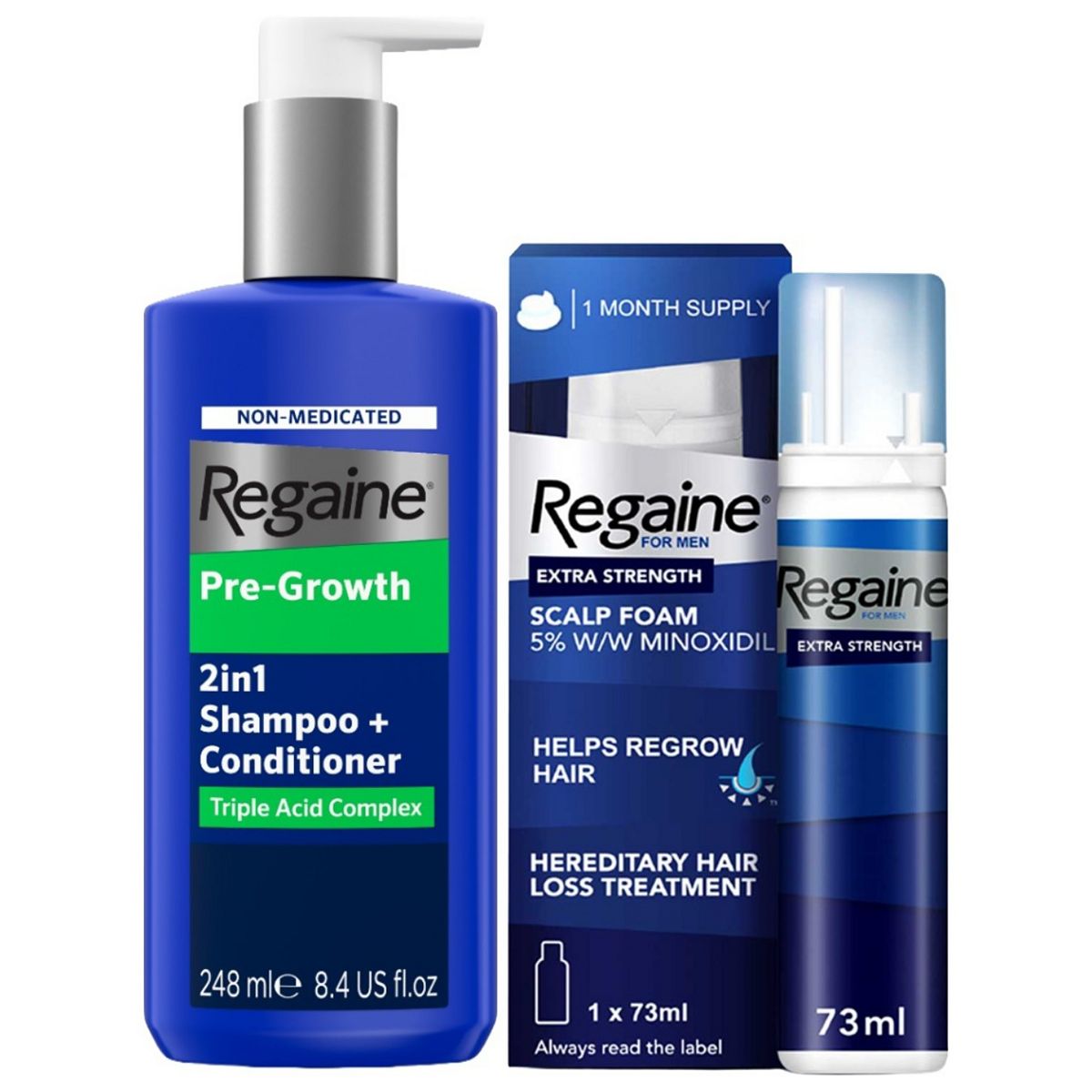 Regaine For Men Scalp Foam & Pre-Growth 2In1 Shampoo + Conditioner Bundle