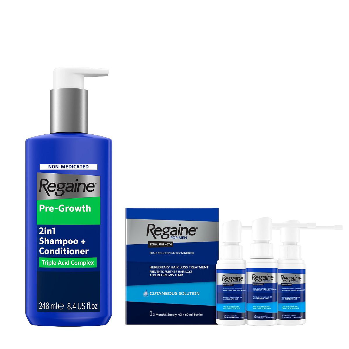 Regaine For Men Scalp Solution & Pre-Growth 2In1 Shampoo + Conditioner Bundle