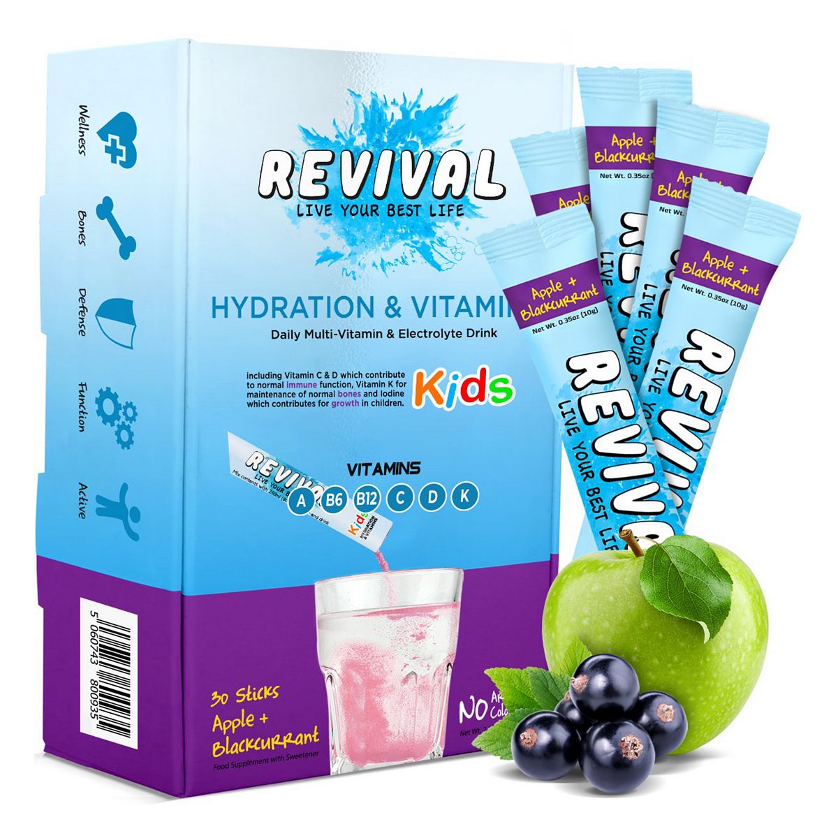 Revival Kids Daily Multi-Vitamin & Electrolyte Hydration Drink Apple Blackcurrant 30 Pack