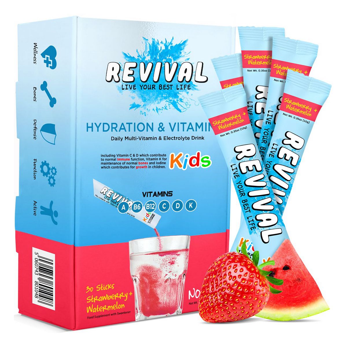 Revival Kids Daily Multi-Vitamin & Electrolyte Hydration Drink Strawberry Watermelon 30 Pack