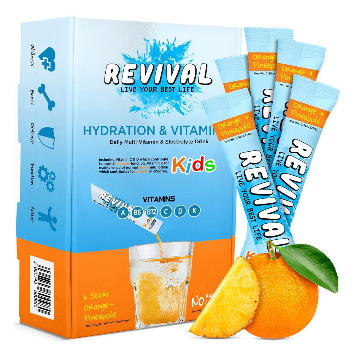 Revival Kids Daily Multi-Vitamin & Electrolyte Hydration Drink Orange Pineapple 6 Pack