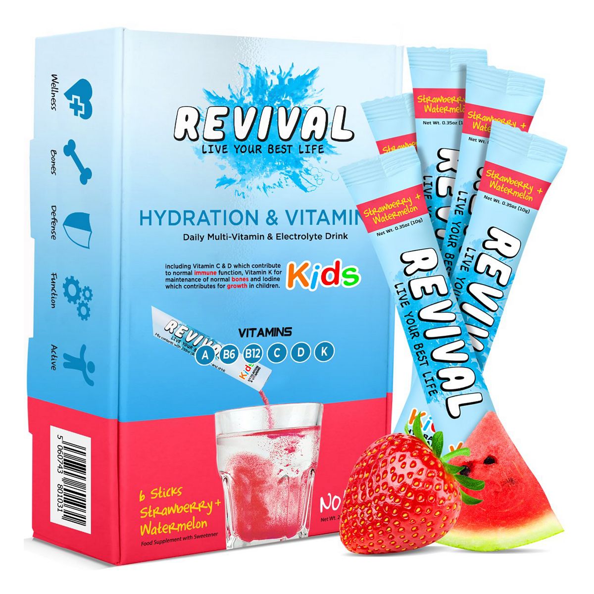 Revival Kids Daily Multi-Vitamin & Electrolyte Hydration Drink Strawberry Watermelon 6 Pack