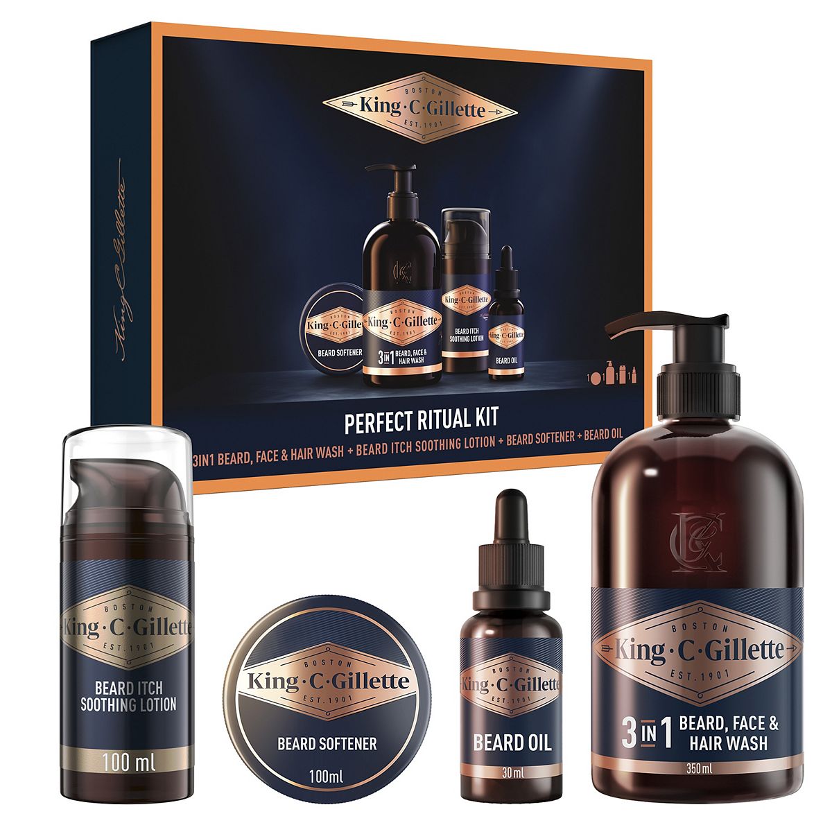 King C Gillette Men's Perfect Ritual Kit, Beard Wash + Soothing Lotion Softener Oil