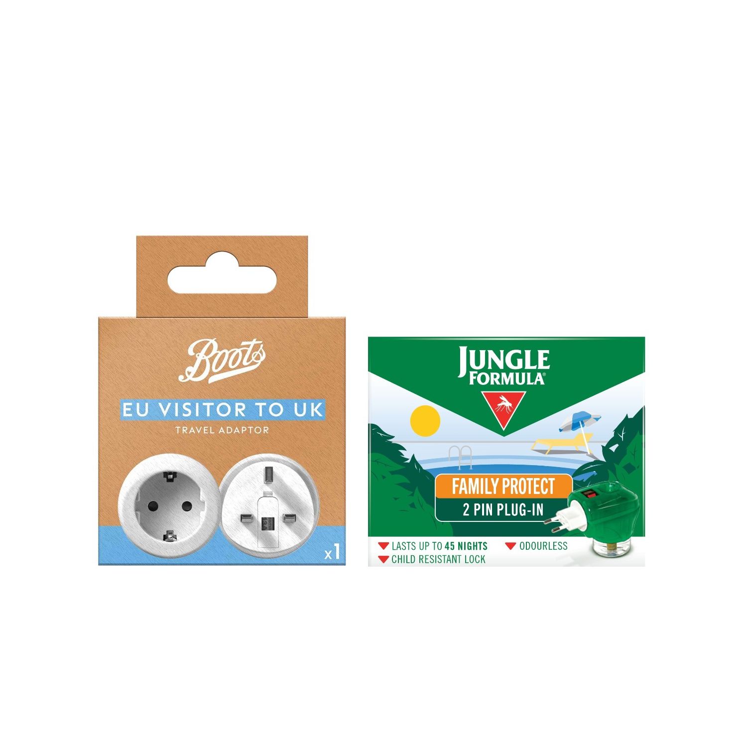 Jungle Formula Family Protect Plug-In + Boots European Visitor To Uk Adaptor Bundle