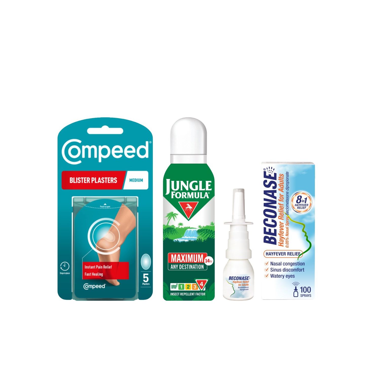 Jungle Formula Maximum Any Destination Aerosol + Beconase 100 Sprays + Compeed Medium 5S Bundle