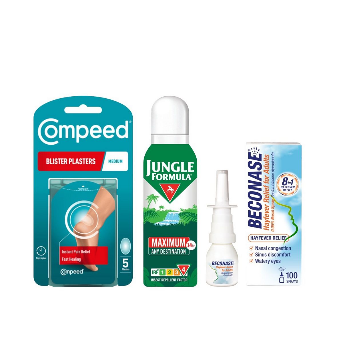 Jungle Formula Maximum Any Destination Aerosol + Beconase 100 Sprays Compeed Medium 5S Bundle