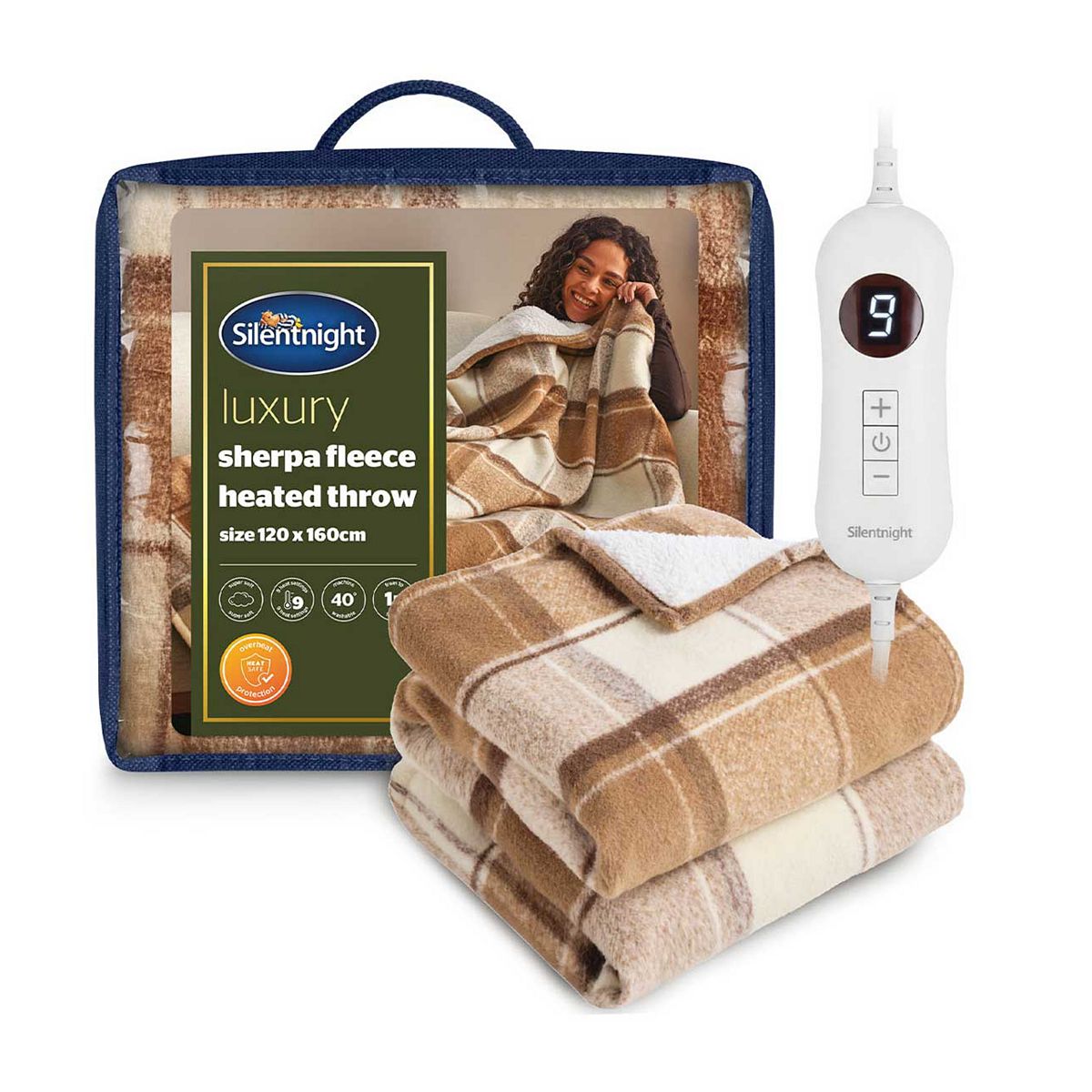 Silentnight Luxury Check Fleece 9-Heat Setting Heated Throw - Brown/cream